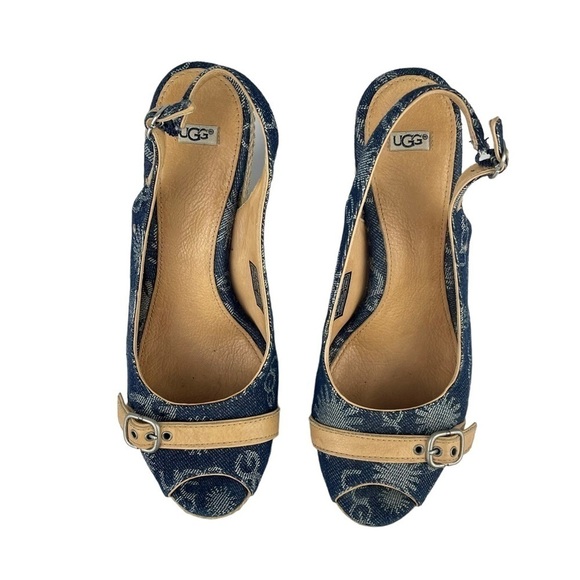 UGG NOELLA Y2K DENIM LOGO PEEP TOE SLINGBACK ESPADRILLE WEDGE HEELS - Picture 2 of 12